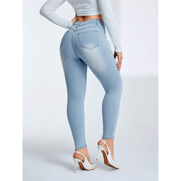 Women's Rhinestone Pearl Low Rise Skinny Jeans Cropped Stretch Denim - Picture 3 of 5